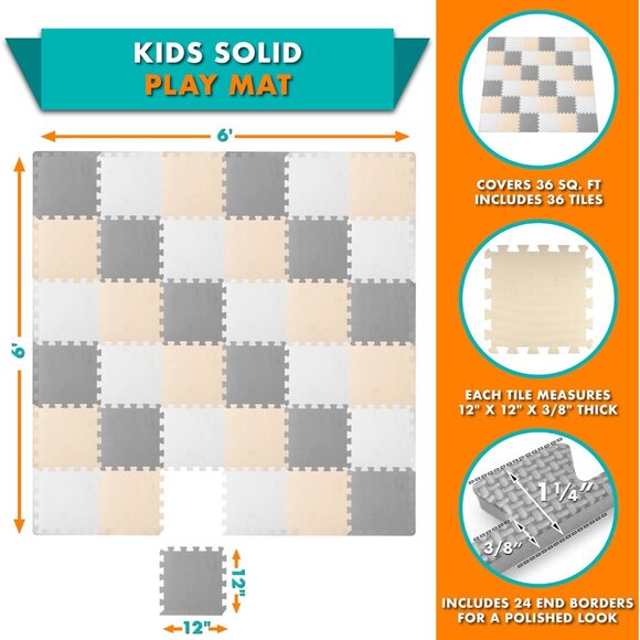 Foam Puzzle Floor Play Mat for Kids and Babies with Solid Colors, 36 or 16 Inter - Picture 2 of 6